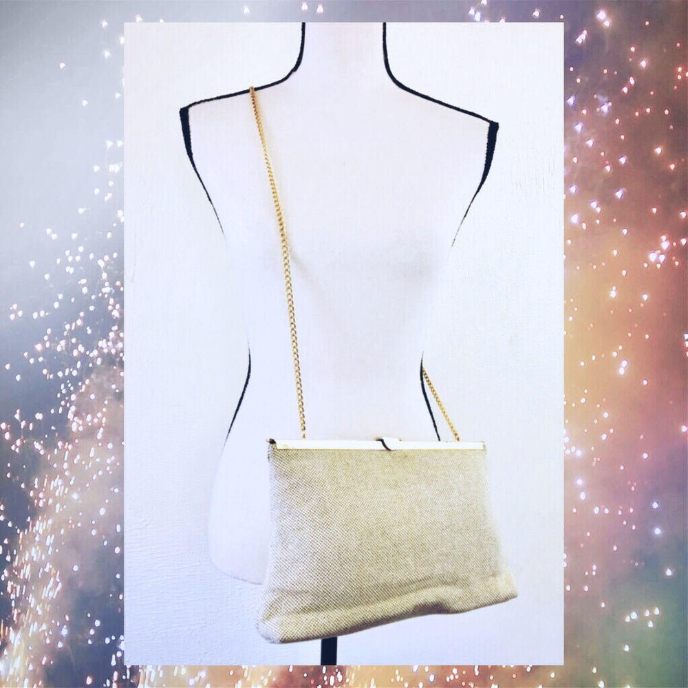 Vintage Crossbody Woven Beige Gold Canvas Metallic Chain Purse Clutch
